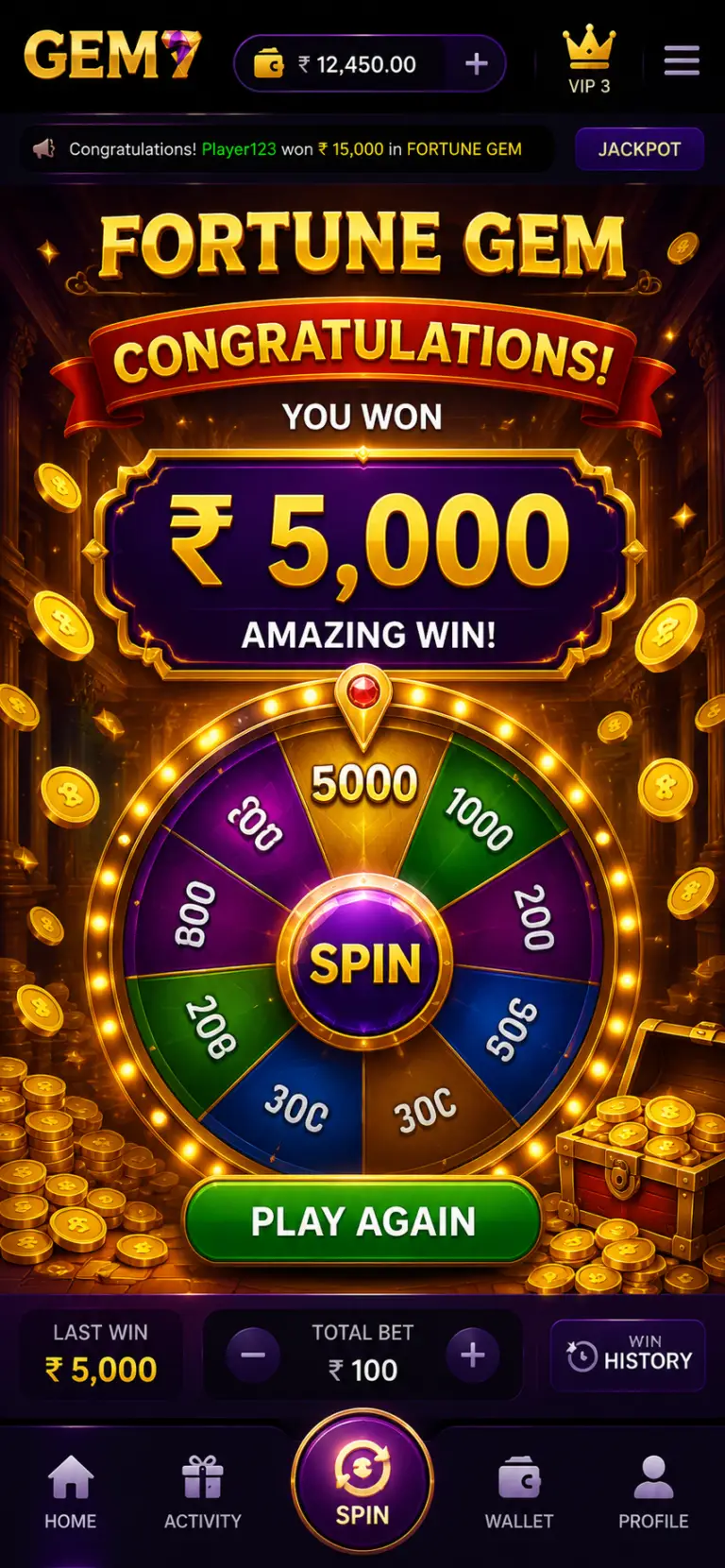 GEM7 fortune wheel game with ₹3500 winning reward
