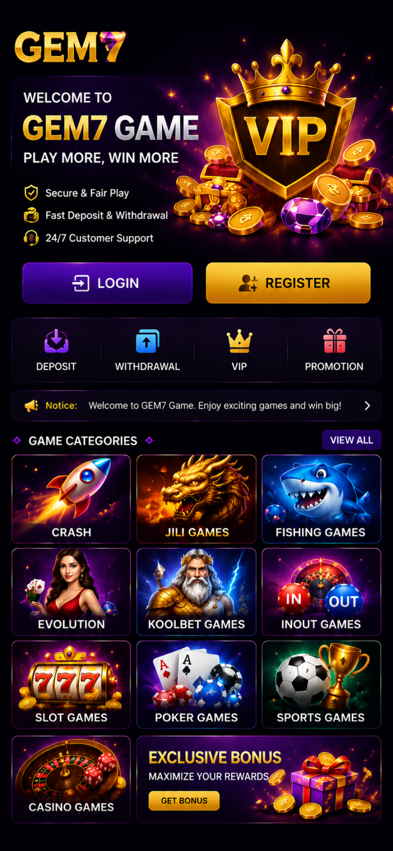 GEM7 Game login homepage with VIP rewards bonus offers and game categories