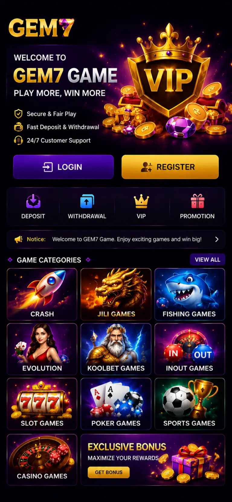 GEM7 Game login homepage with VIP rewards bonus offers and game categories