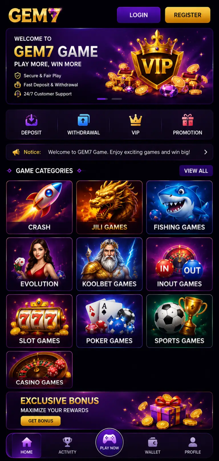 GEM7 Game VIP rewards and gaming categories dashboard