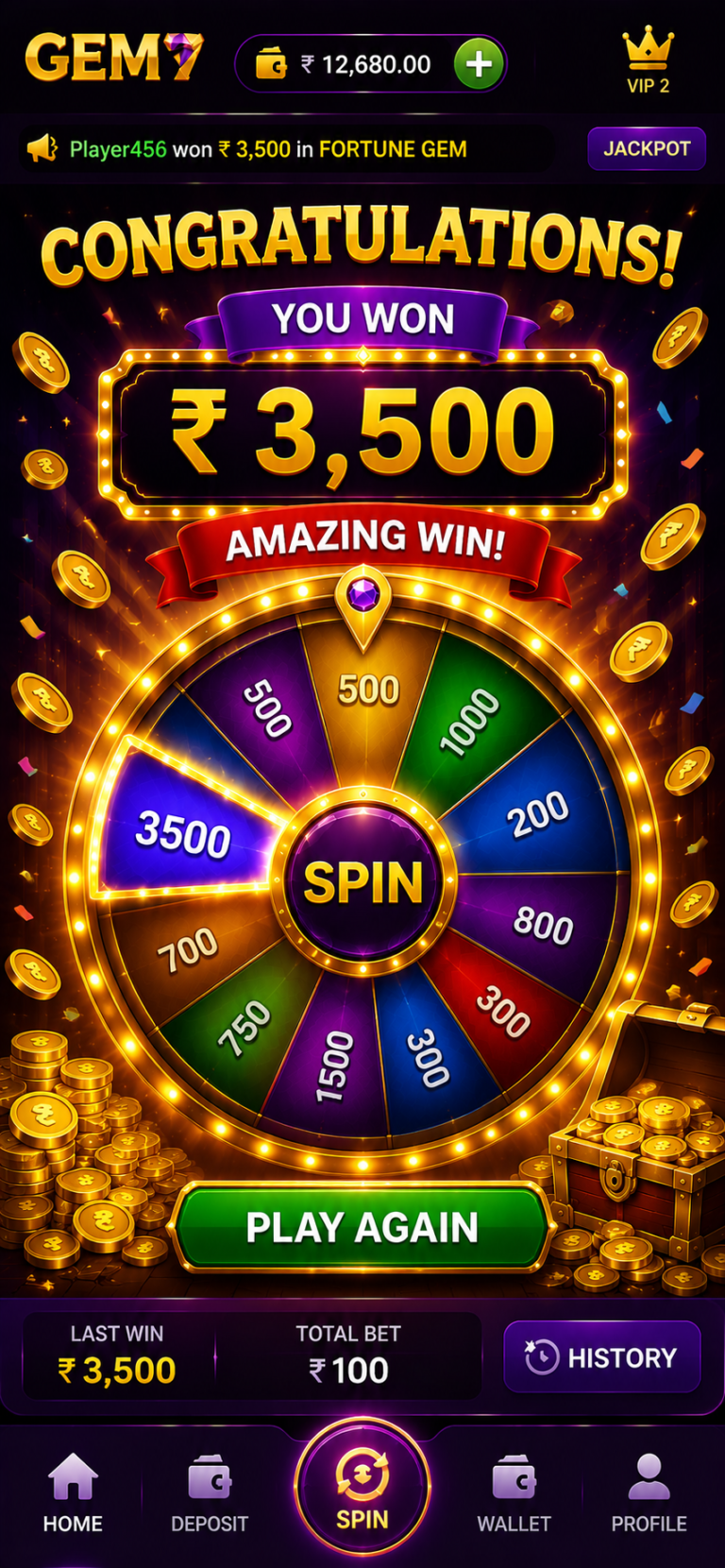 GEM7 Money Coming game player won ₹3500 reward on spin wheel